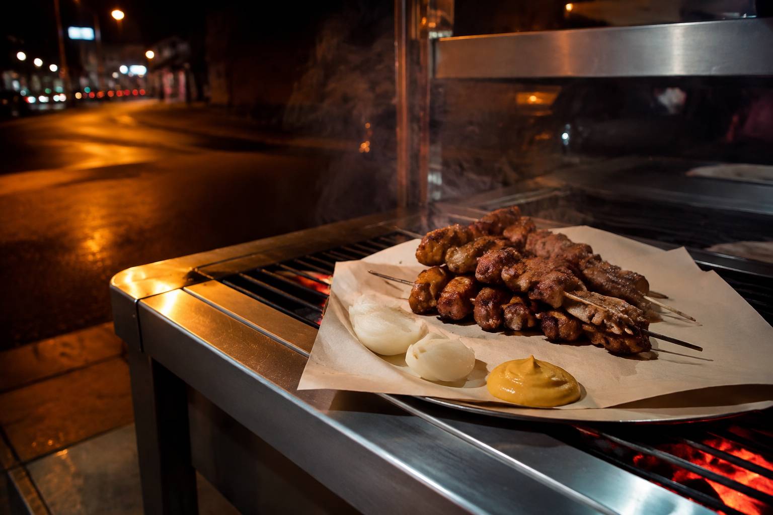 Brochettes de viande grillée sur papier kraft près des braises