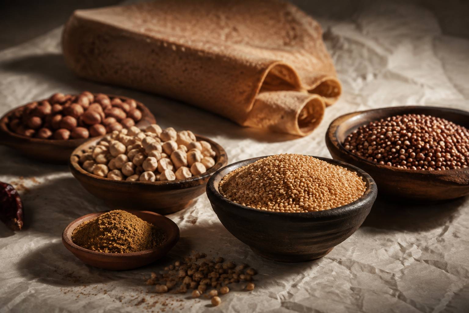 Épices et ingrédients soudanais : sésame, fèves, cacahuètes et sorgho dans des coupelles