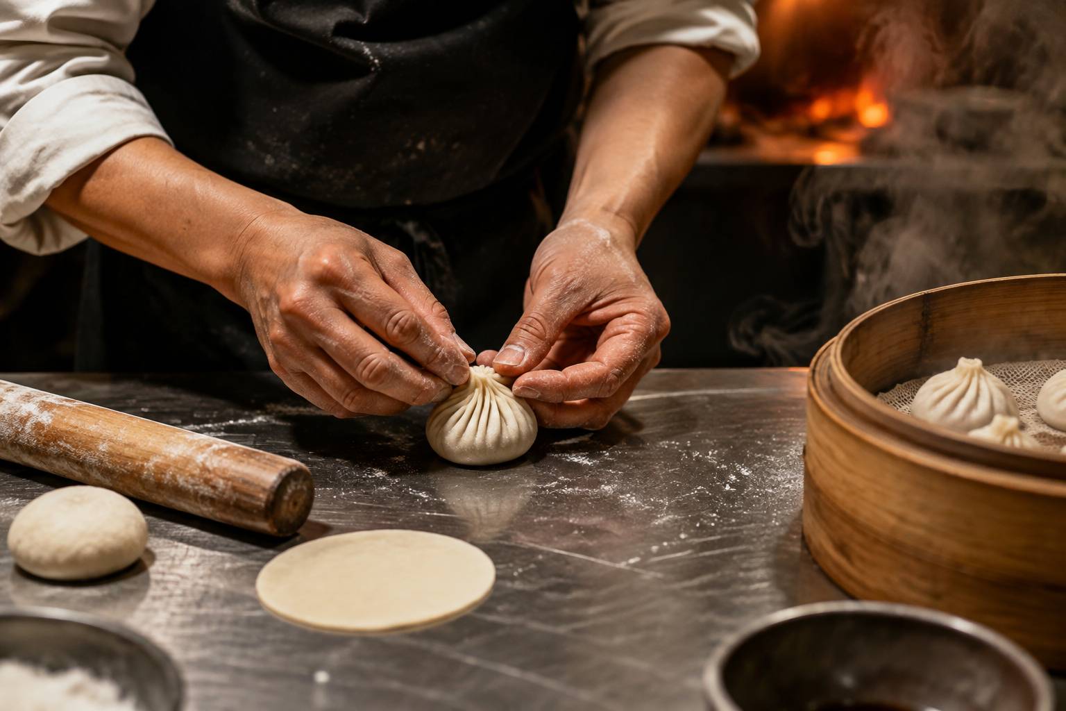 Mains d'un cuisinier façonnant les plis d'un ravioli xiaolongbao sur un plan de travail en inox