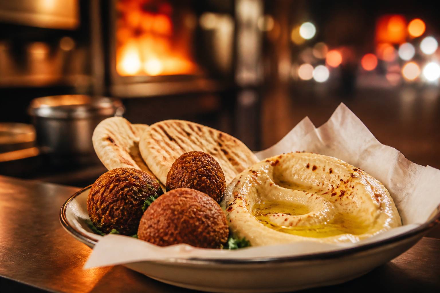 Falafels et houmous dans une assiette avec du pain plat