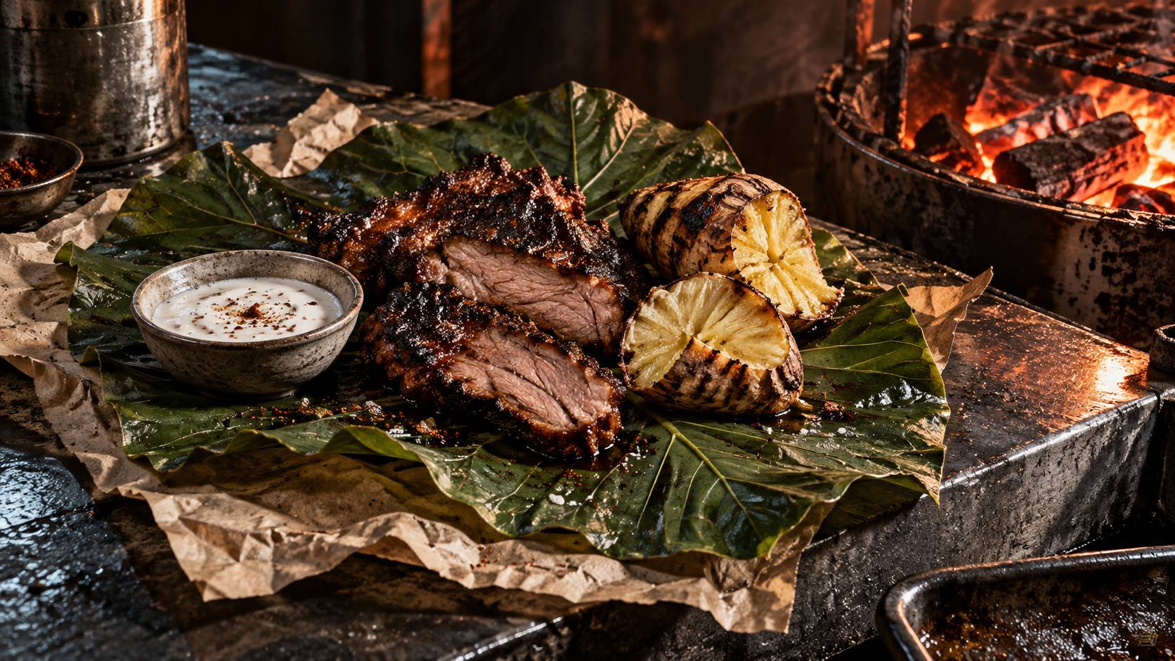 Gros plan sur des aliments grillés posés sur une feuille de taro et du papier kraft