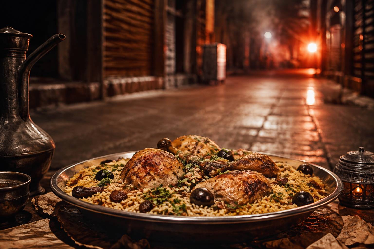 Plat de kabsa saoudien avec riz safrané, poulet rôti, amandes et raisins