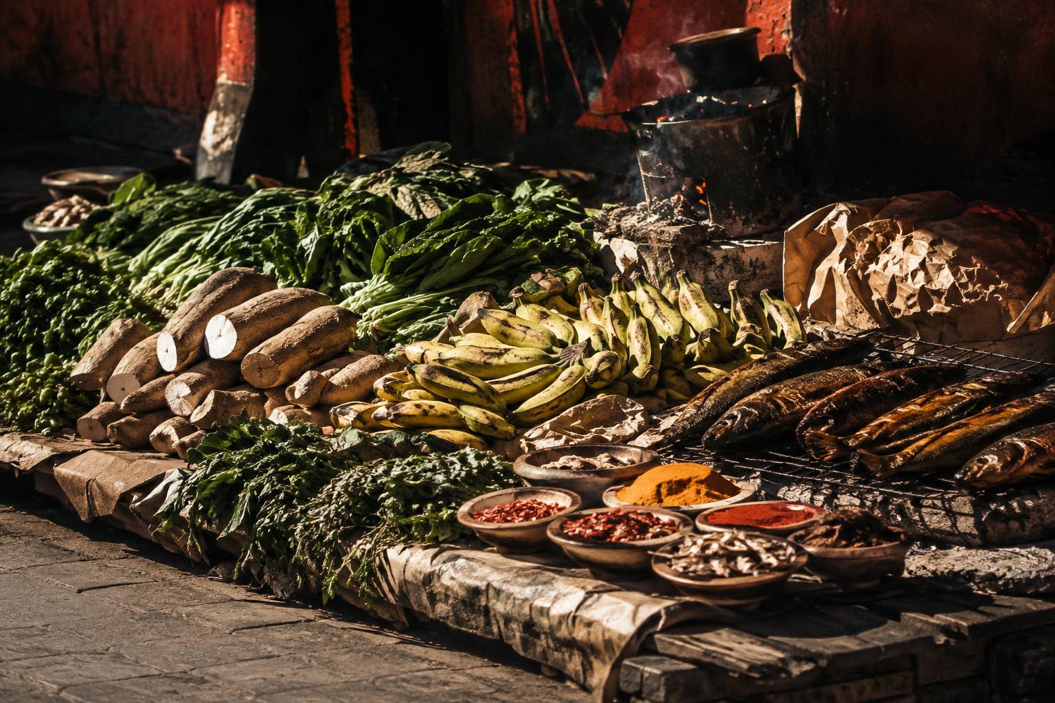 Étal de marché avec légumes, poissons fumés et épices