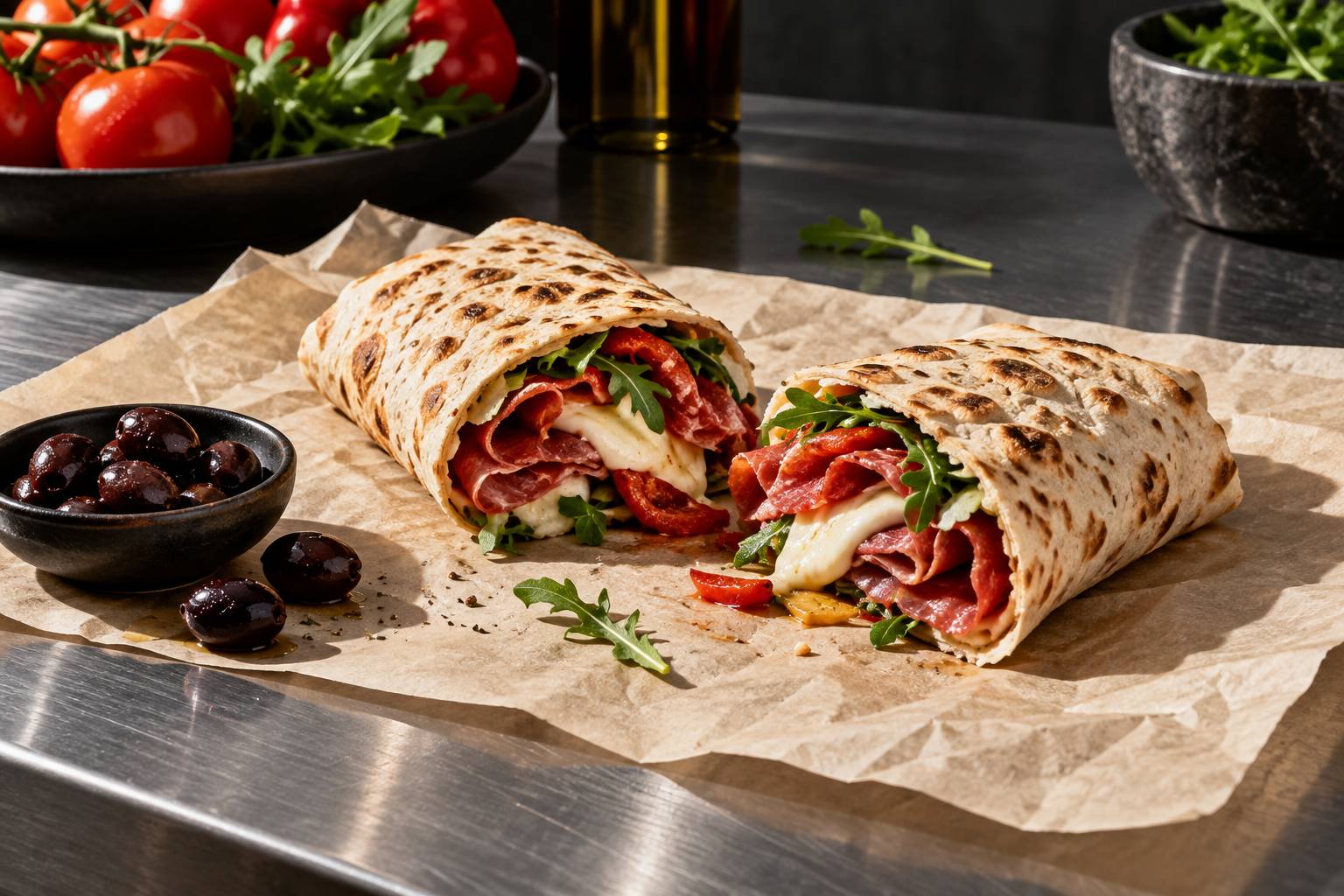 Piadina roulée coupée, garnie de charcuterie et fromage sur papier kraft