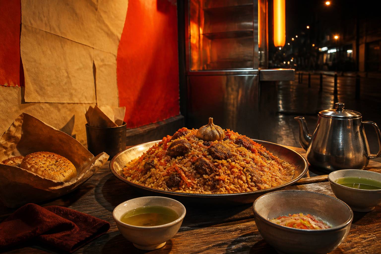 Plat de plov osh au riz doré avec carottes confites et viande posé au centre d'une table