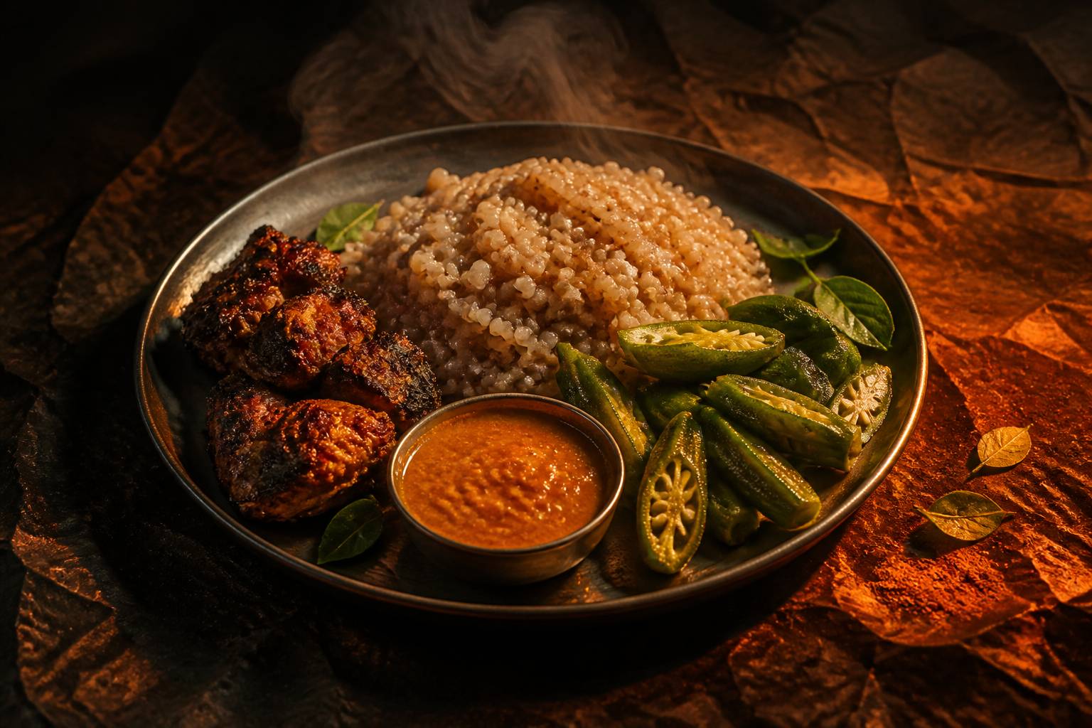 Plat traditionnel de bouillie de sorgho avec viande grillée, gombo vert et sauce à l'arachide