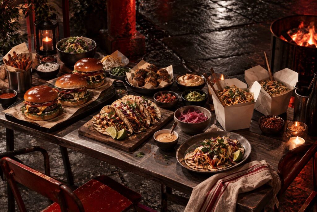 Vue large d'une table de cuisine garnie de plats de street food maison : burgers, tacos garnis, falafels et no