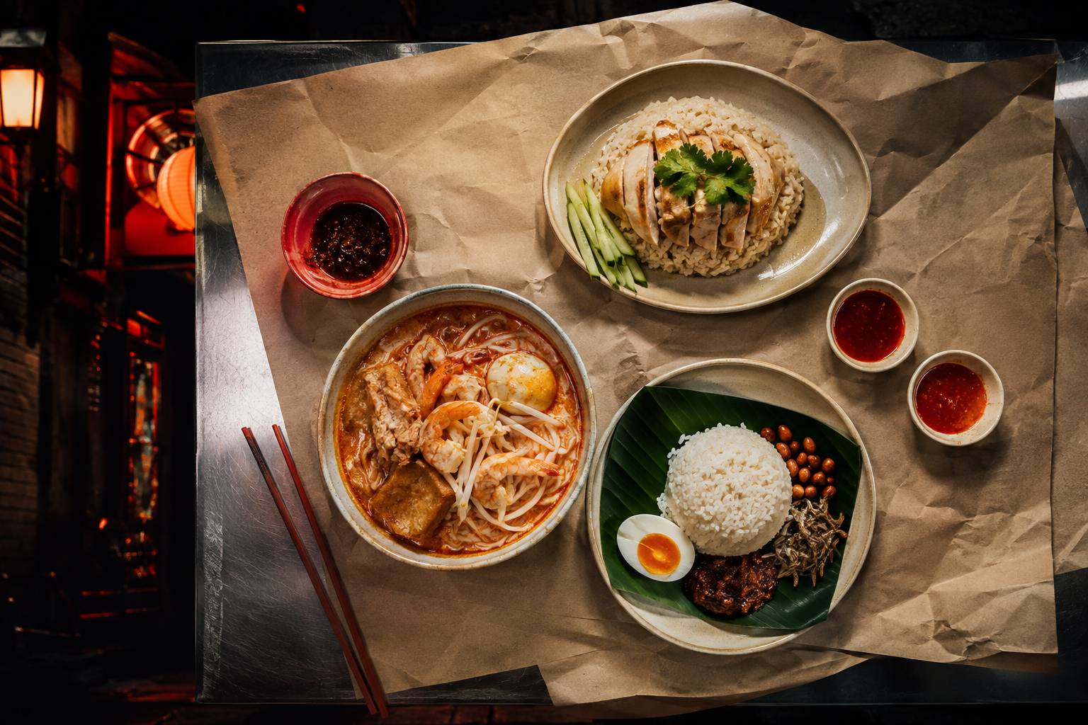 Bol de laksa et riz poulet posés sur du papier kraft, spécialités singapouriennes