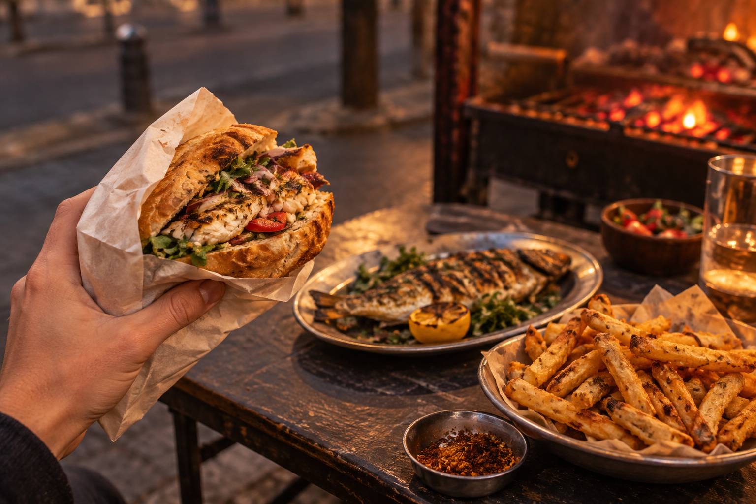 Sandwich en papier kraft tenu en main près d'un gril de street food