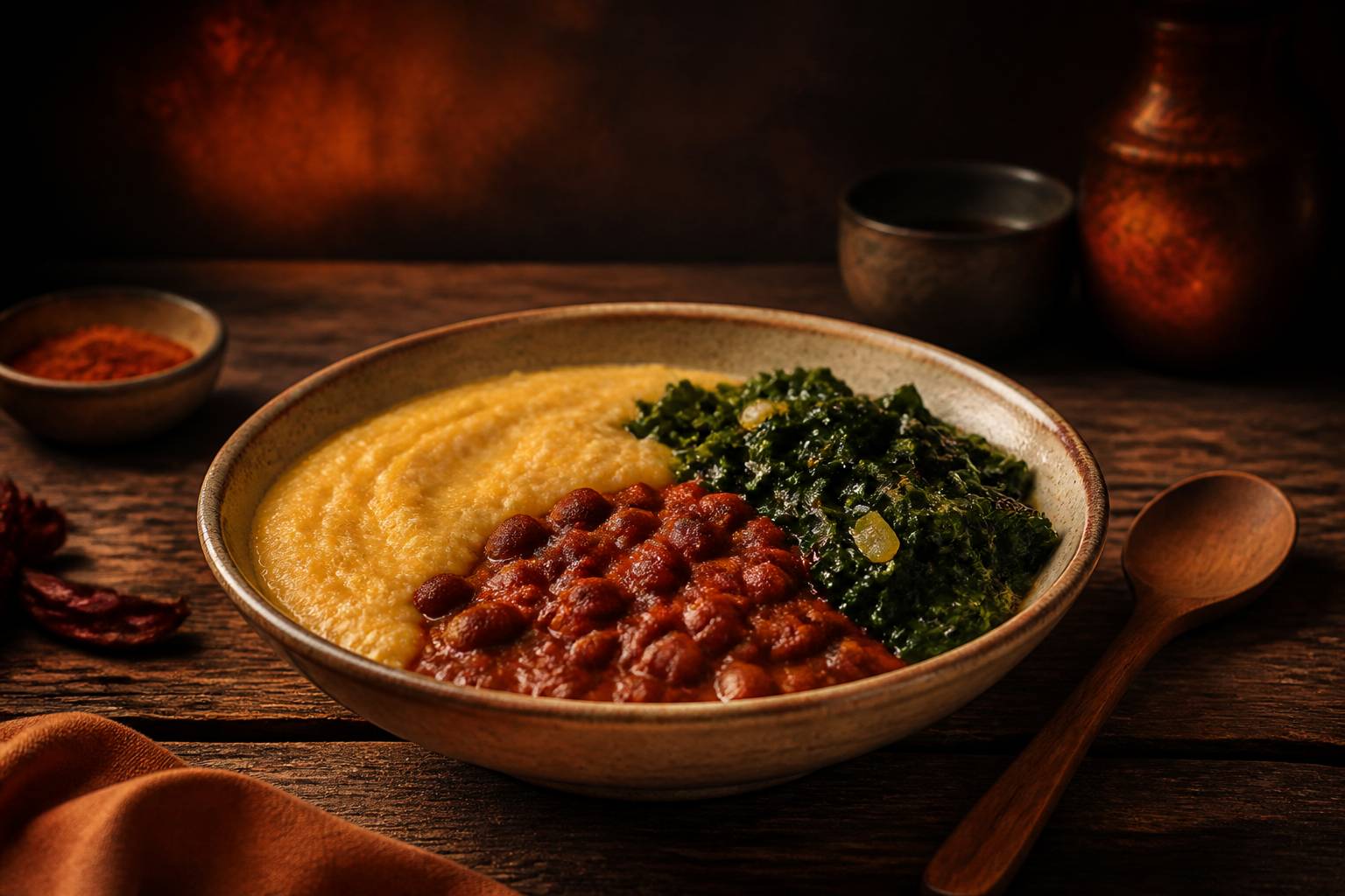 Bol de bouillie de maïs crémeuse avec sauce aux haricots et légumes-feuilles