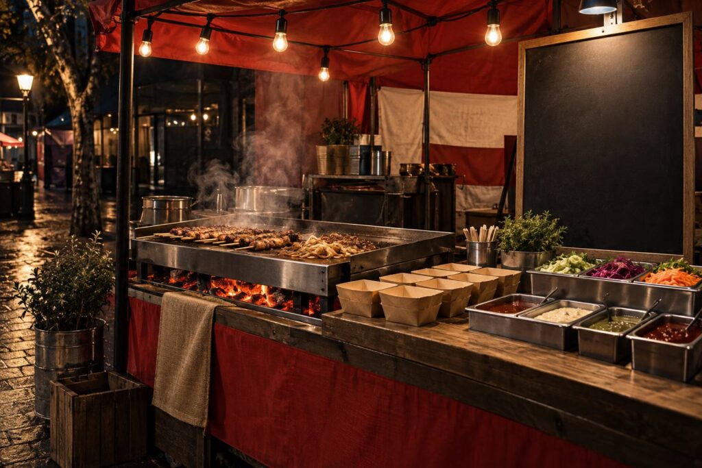 Stand de street food avec plancha, brochettes et barquettes kraft