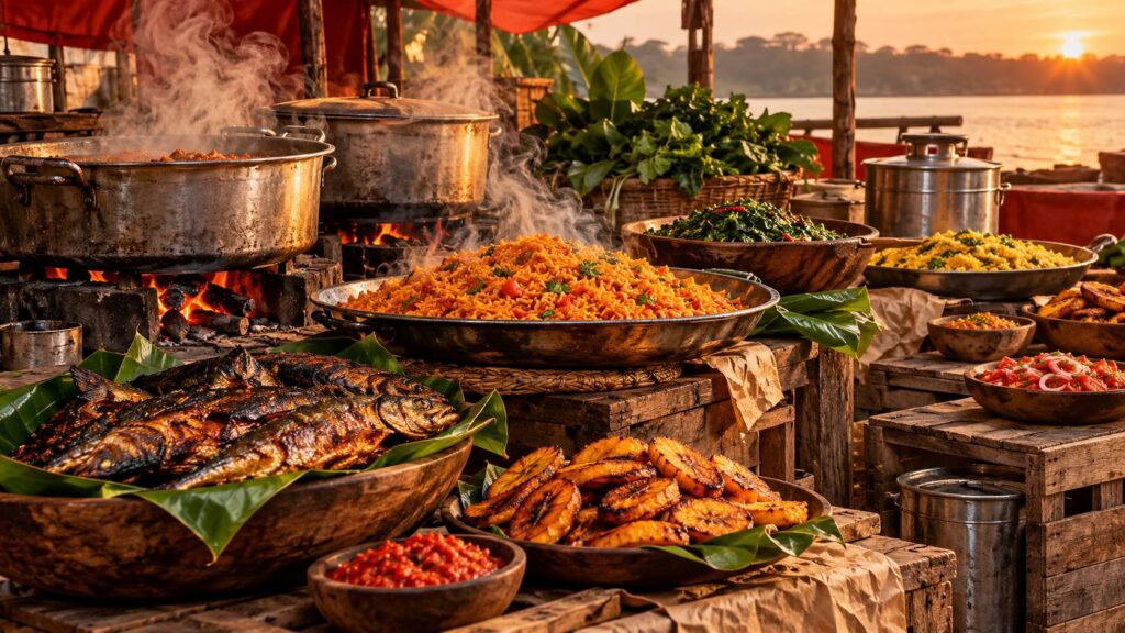 Étal de street food en plein air avec plats de riz et de plantain