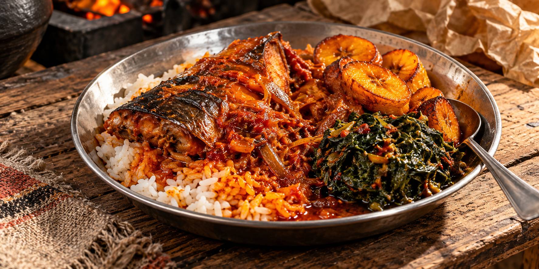 Plat de riz au poisson fumé et aux feuilles vertes en assiette métallique