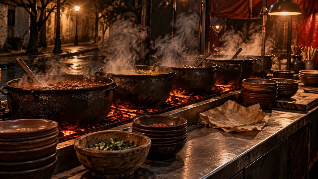 Étal de street food en soirée avec marmites fumantes sur comptoir en acier brossé