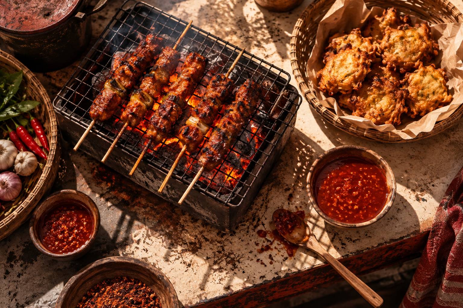 Brochettes grillées et beignets dorés sur un comptoir de rue en plein air