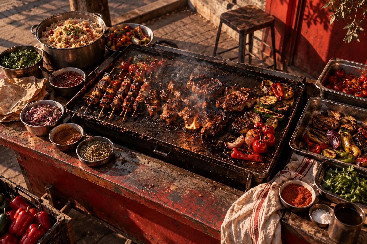 Viandes grillees sur une plancha en acier avec epices dans des bols