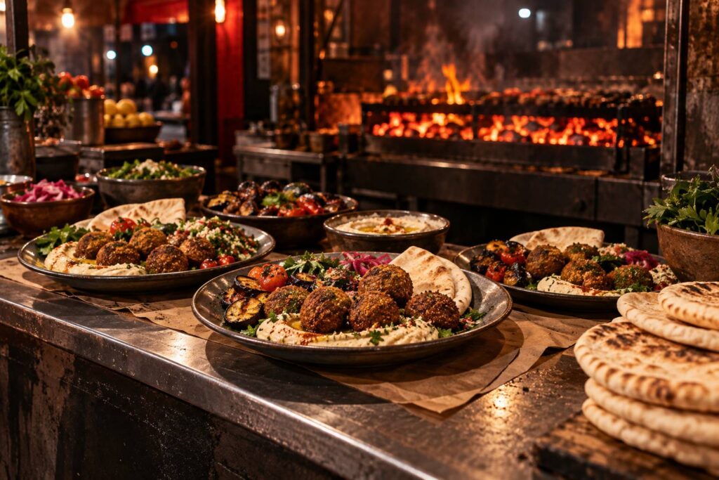 Assiettes de falafels et houmous sur un comptoir de street food a la nuit tombee