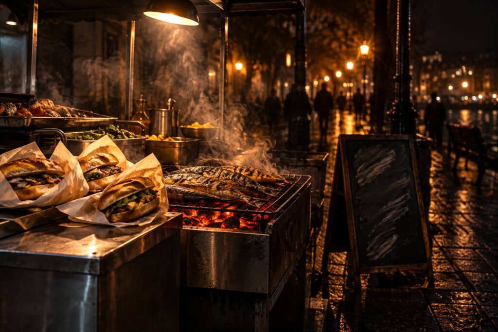 Stand de street food de nuit avec sandwichs en papier kraft et poisson grillé