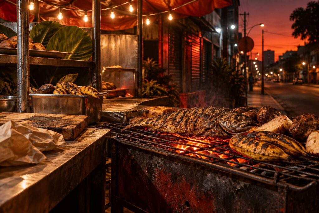 Poisson grillé sur braises avec banane plantain et papier kraft au comptoir