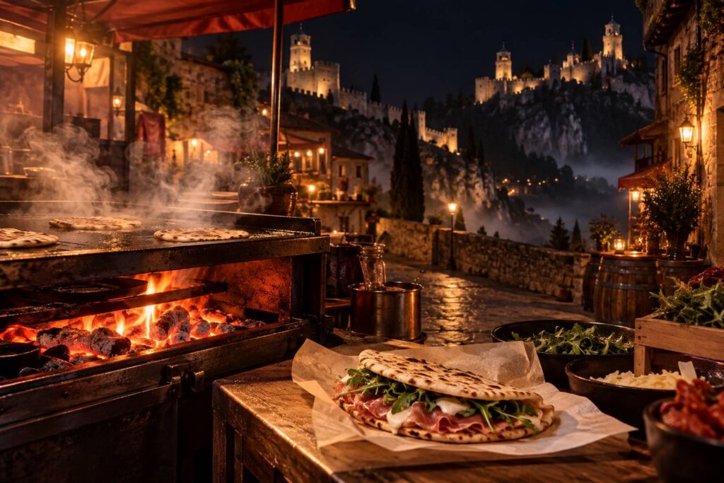 Stand de street food avec piadina grillée dans une rue médiévale nocturne