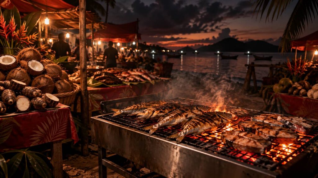 Marché de rue des îles Salomon avec gril au feu, poissons et taros