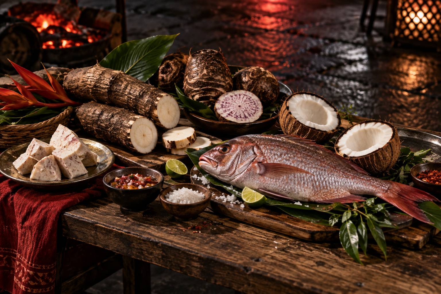 Marché de rue des îles Salomon avec gril au feu, poissons et taros