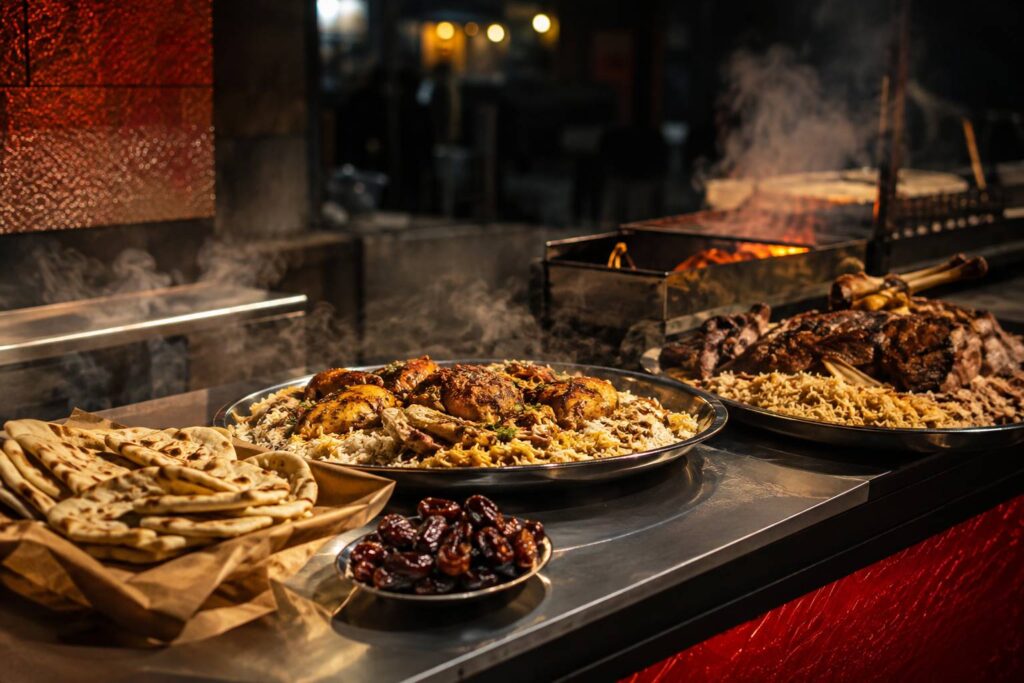 Plats de street food saoudienne : riz épicé, poulet doré et dattes sur un comptoir