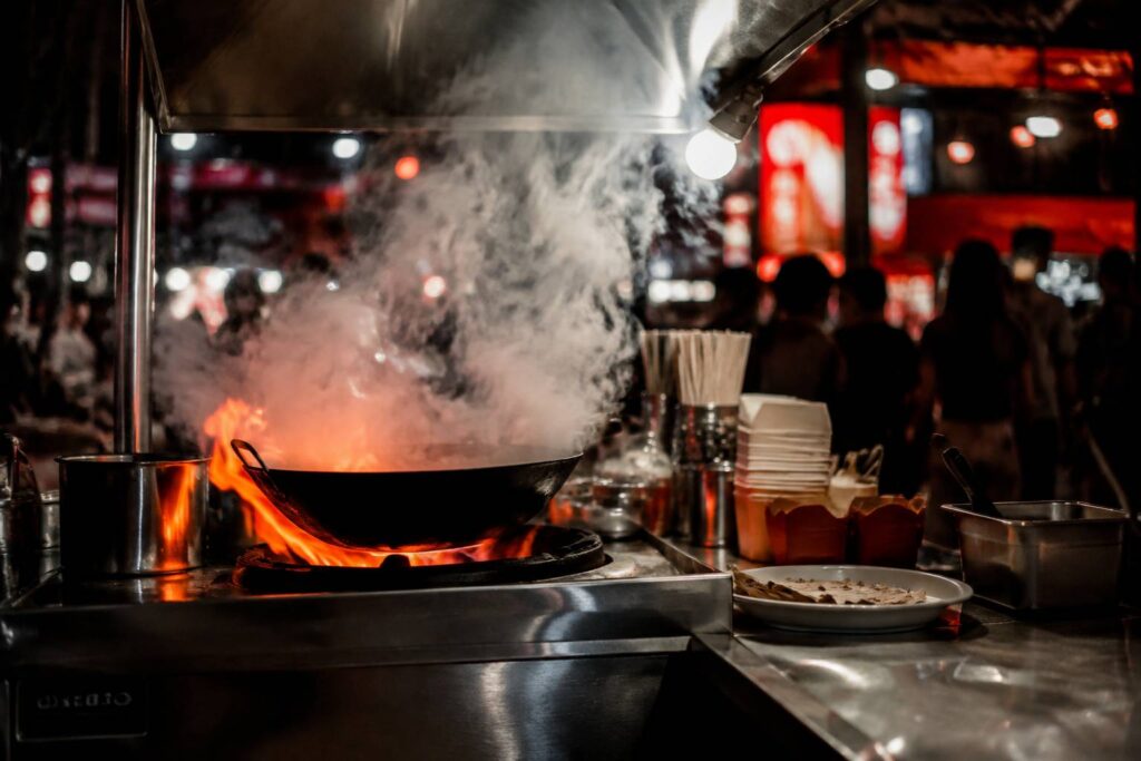 Stand de rue nocturne avec wok flambé dans un centre de restauration singapourien