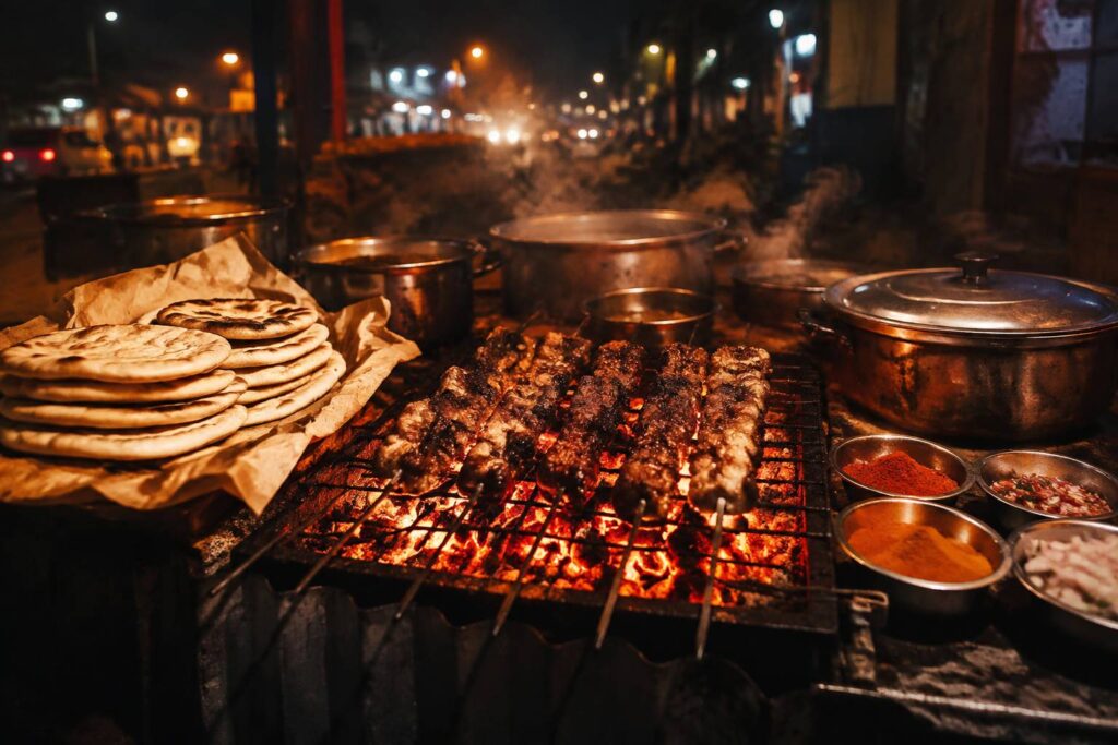 Brochettes grillées sur la braise et pains plats sur un étal de street food nocturne générique