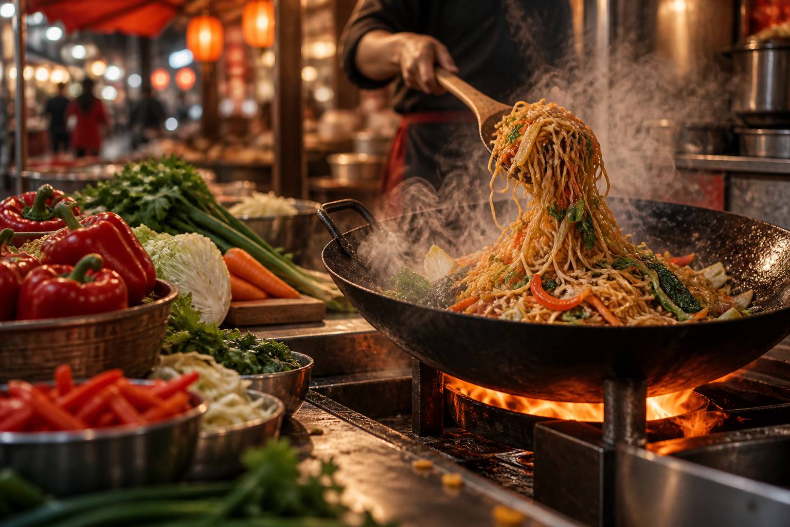 Vue large sur un wok fumant de nouilles sautées aux légumes, spatule en bois soulevant les nouilles, légumes p