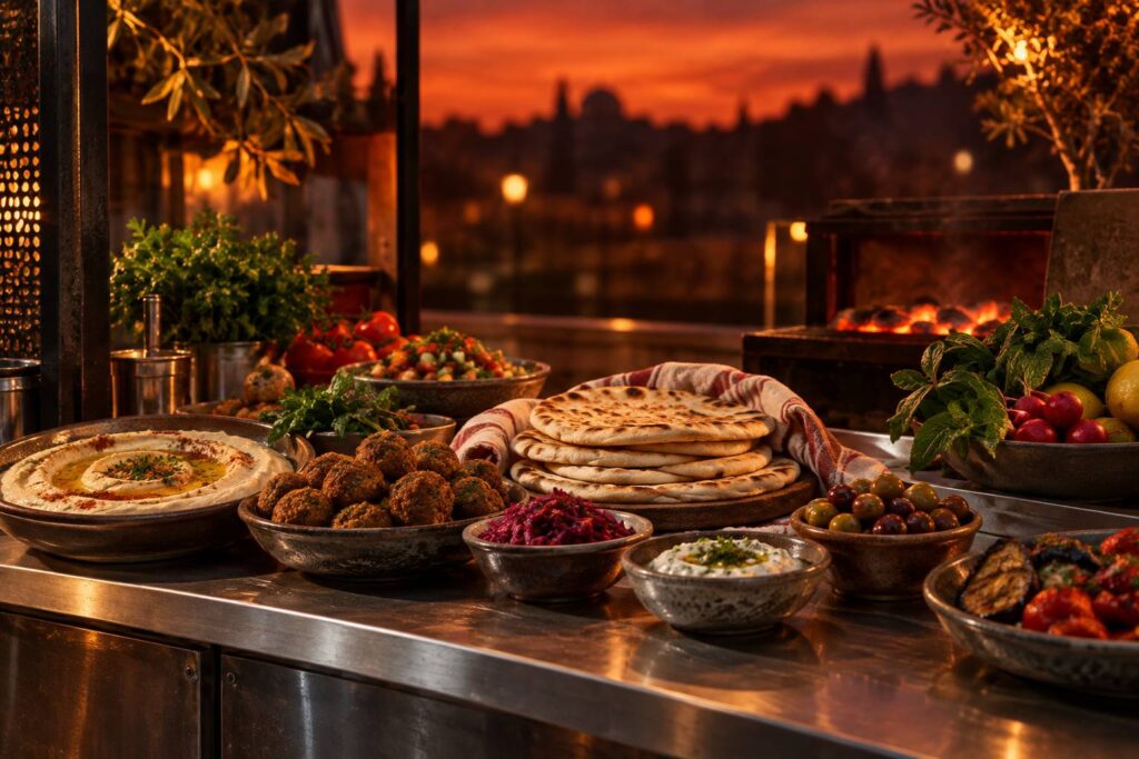 Comptoir de cuisine de rue avec mezze, falafels dores et pain plat chaud