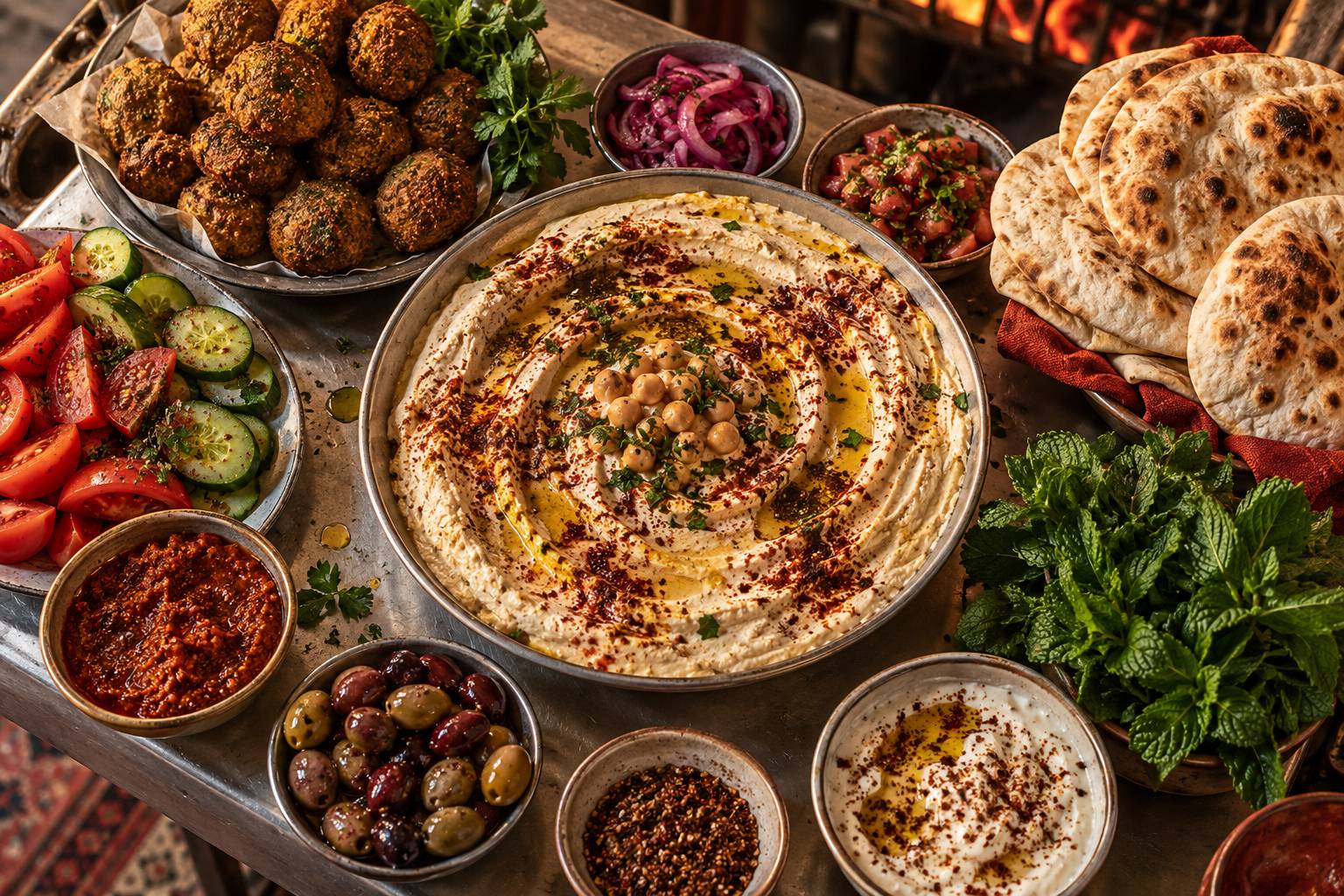 Plat de houmous et falafels avec pain plat et legumes frais sur une table