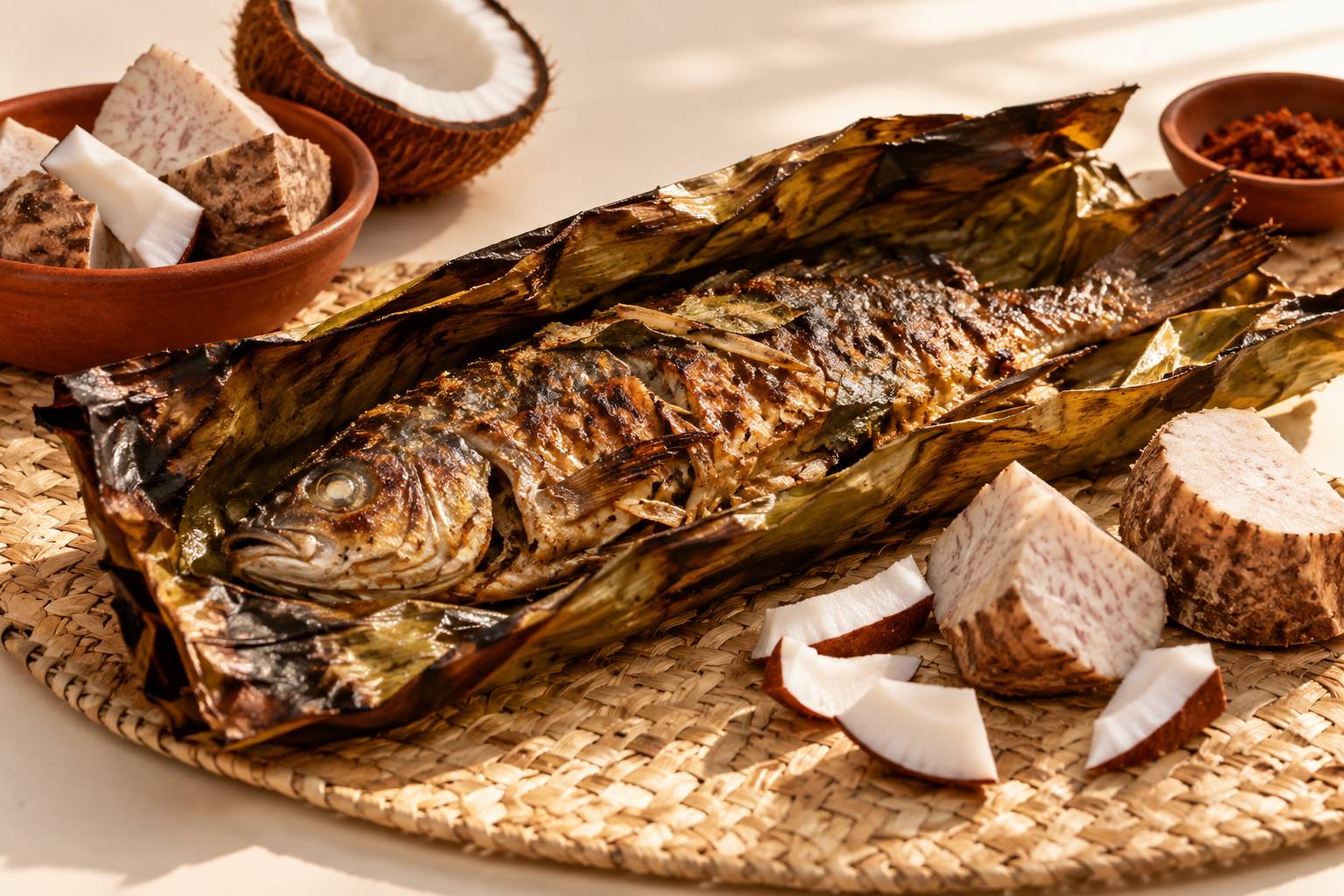 Poisson grillé enveloppé dans une feuille avec taro et noix de coco